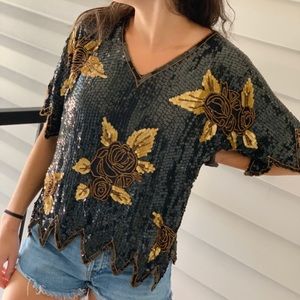 Vintage ROYAL FEELINGS Black &Gold‎ Sequin top